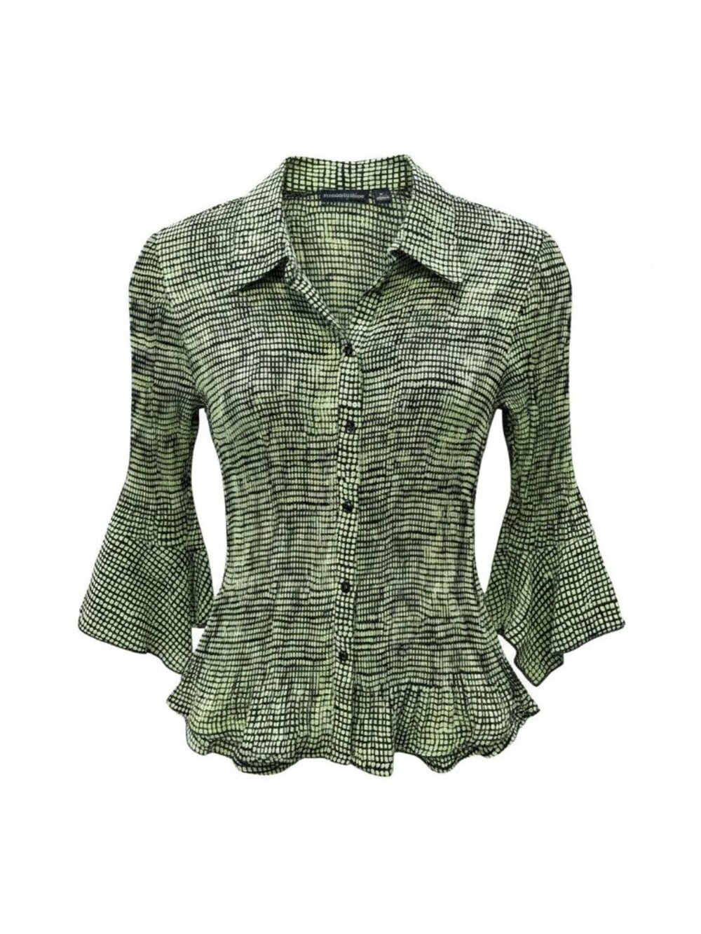 Essentials by Milano Lime Green Black Crinkle Blouse S Witchy Flare Sleeves - Picture 2 of 9